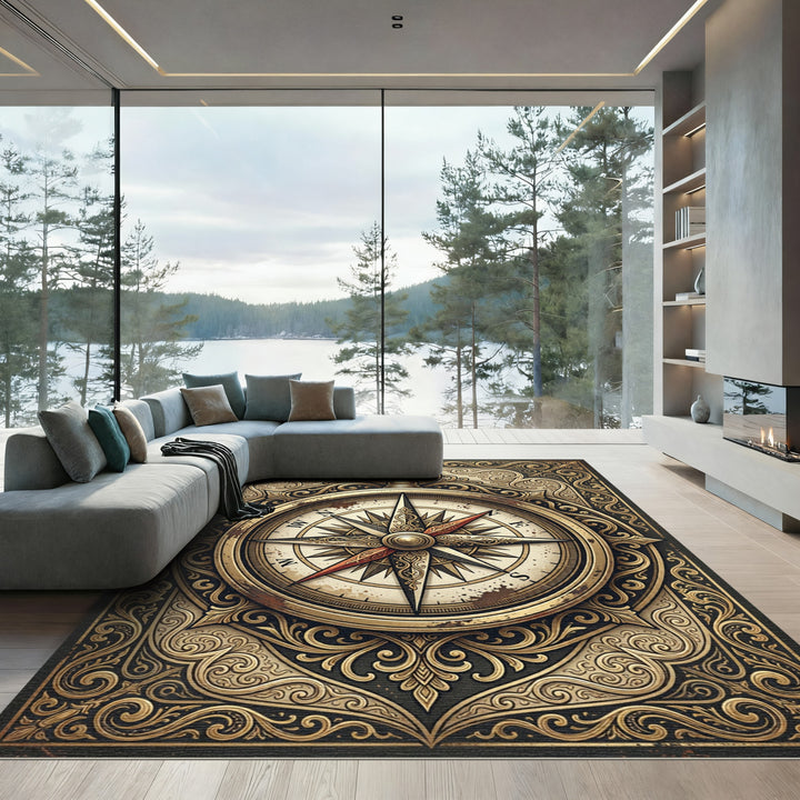 Antique Gold Ornamental Compass Emblem Rug