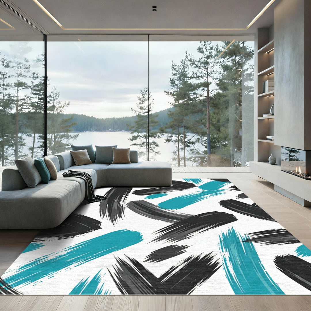 Black Teal Brush Stroke Texture Rug