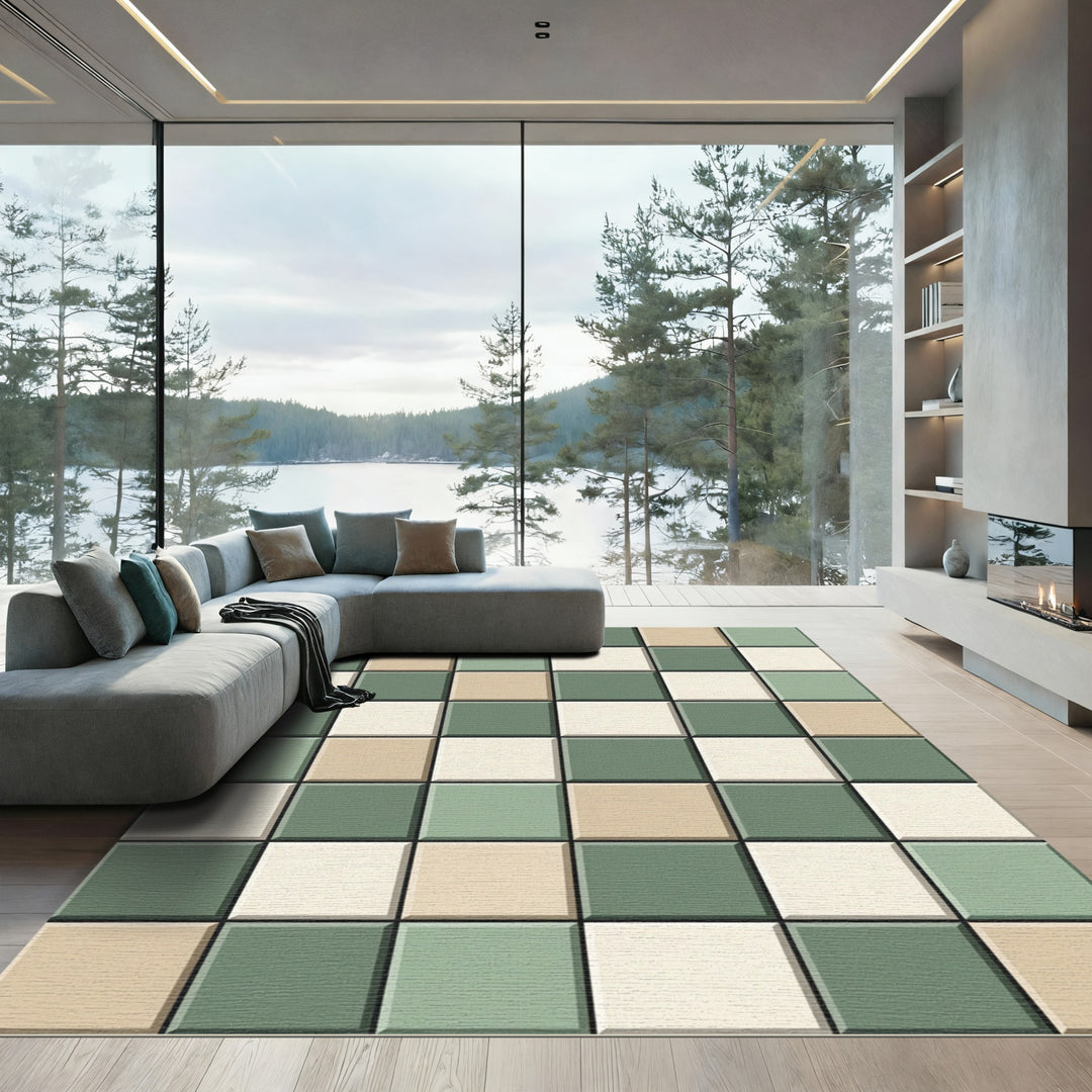 Checkerboard Sage Cream Square Rug