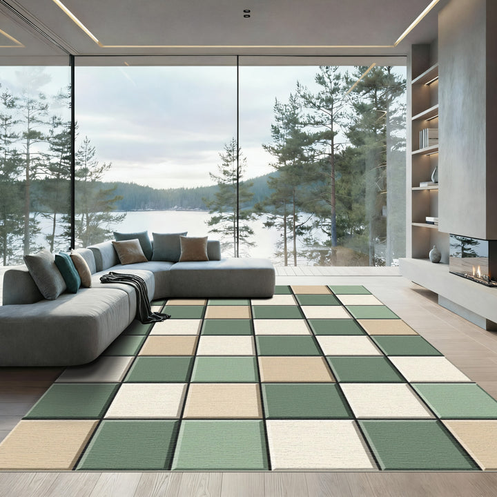 Checkerboard Sage Cream Square Rug