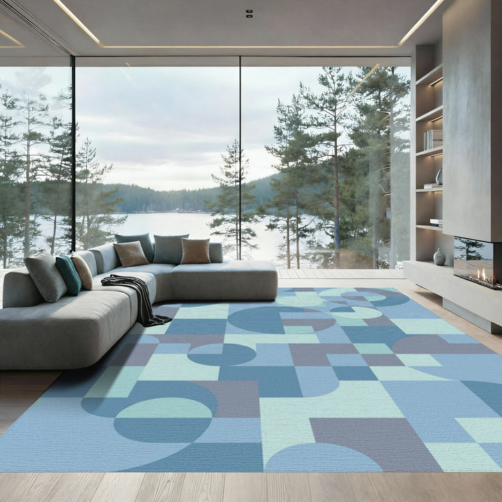 Modern Blue Geometric Circles and Squares Rug