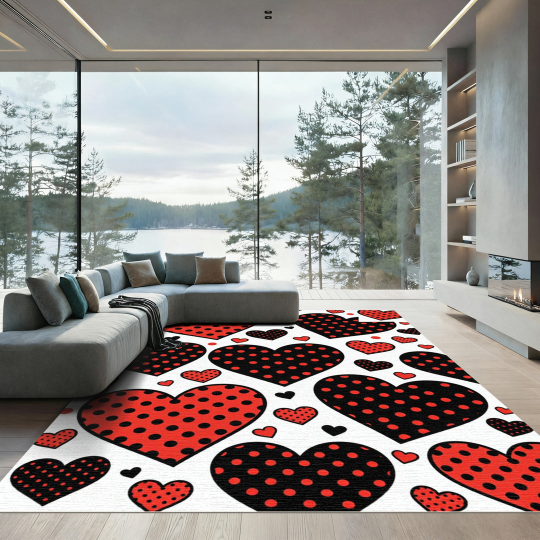 Polka Dot Hearts Red Black Rug