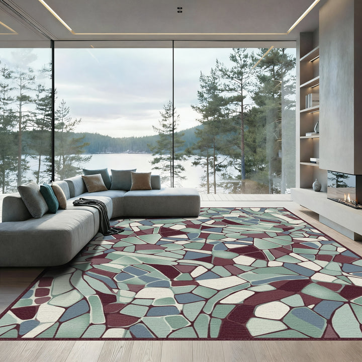 Crimson Teal Broken Stone Mosaic Rug