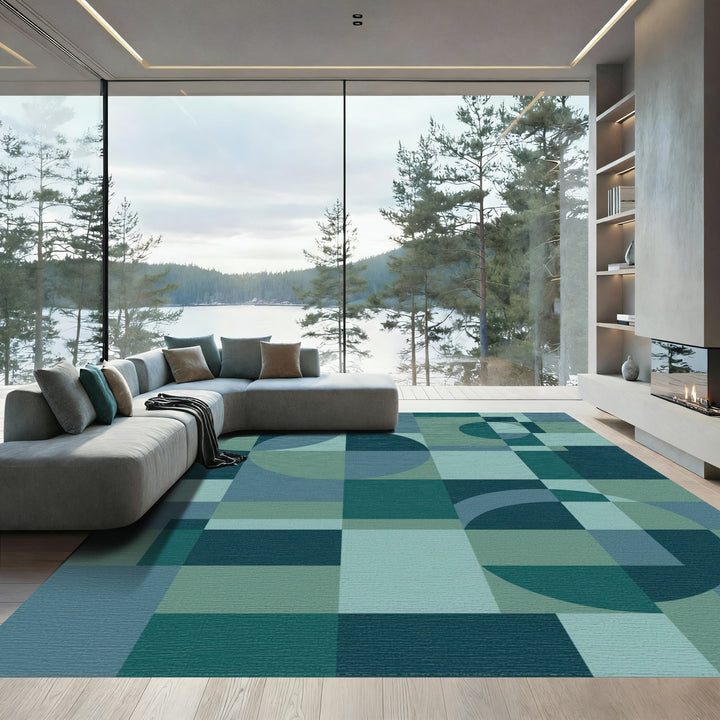 Teal Abstract Geometric Circle Squares Rug