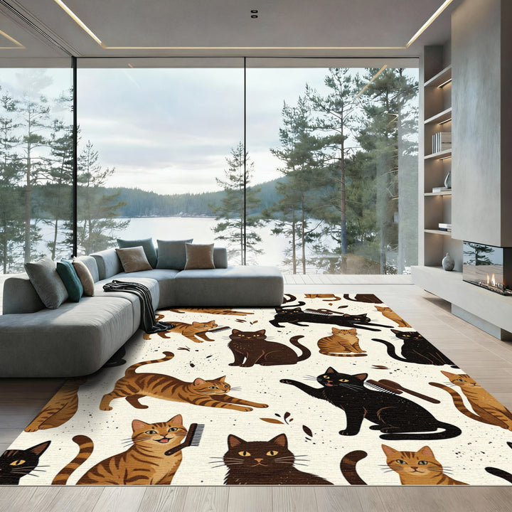 Playful Black Amber Tabby Cats Rug