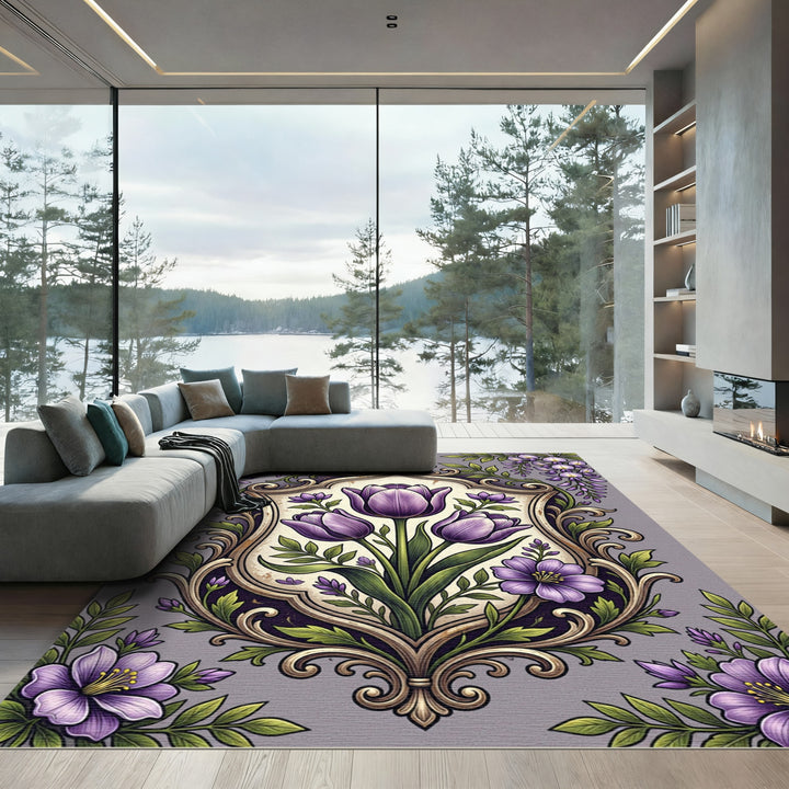 Ornate Purple Tulip Blooming Crest Rug