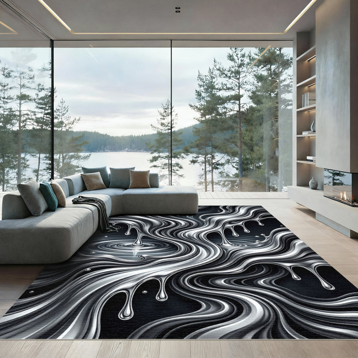 Liquid Silver Abstract Swirl Rug