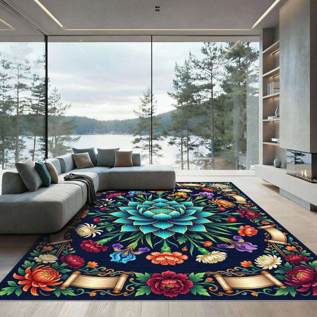Turquoise Lotus Garden Floral Tapestry Rug