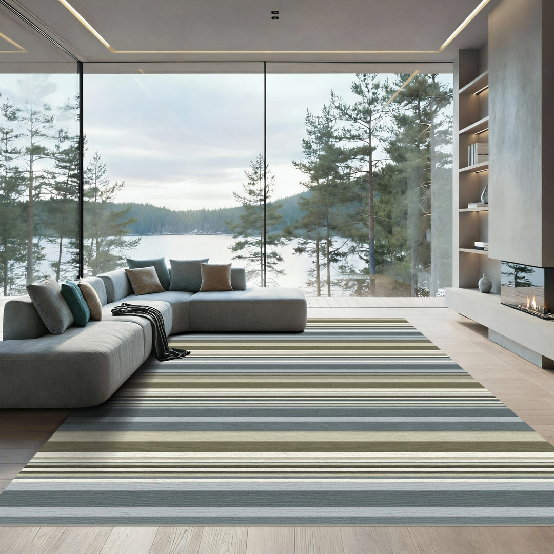 Earthy Brown Gray Blue Striped Harmony Rug