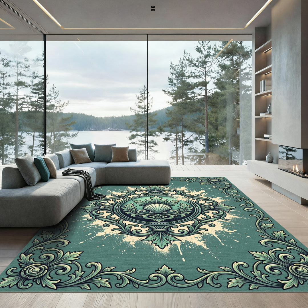 Green Scrollwork Seashell Emblem Rug