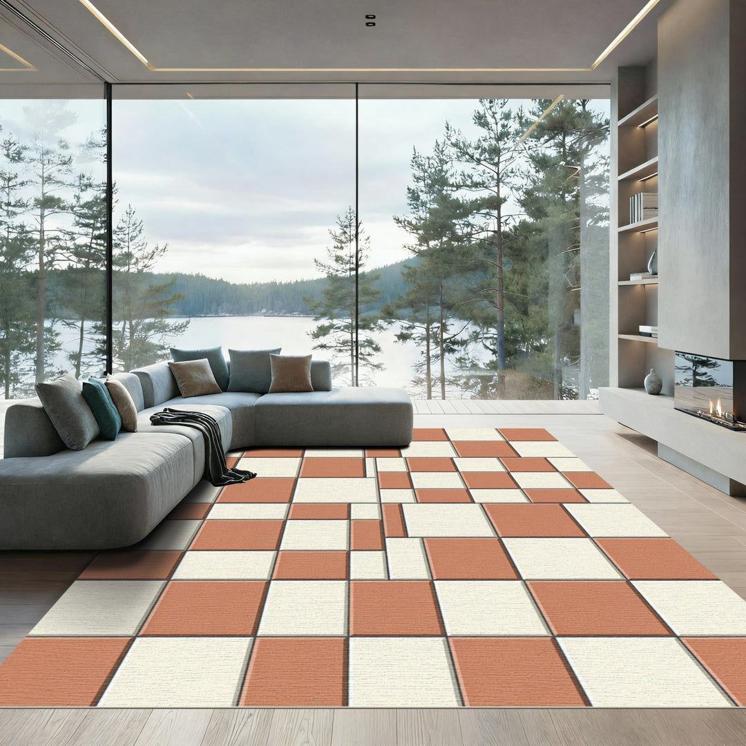 Terracotta Cream Alternating Square Rug