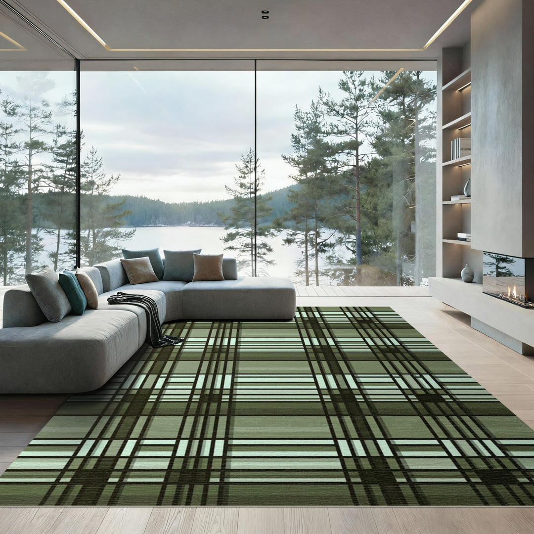 Olive Green Plaid Geometric Grid Rug
