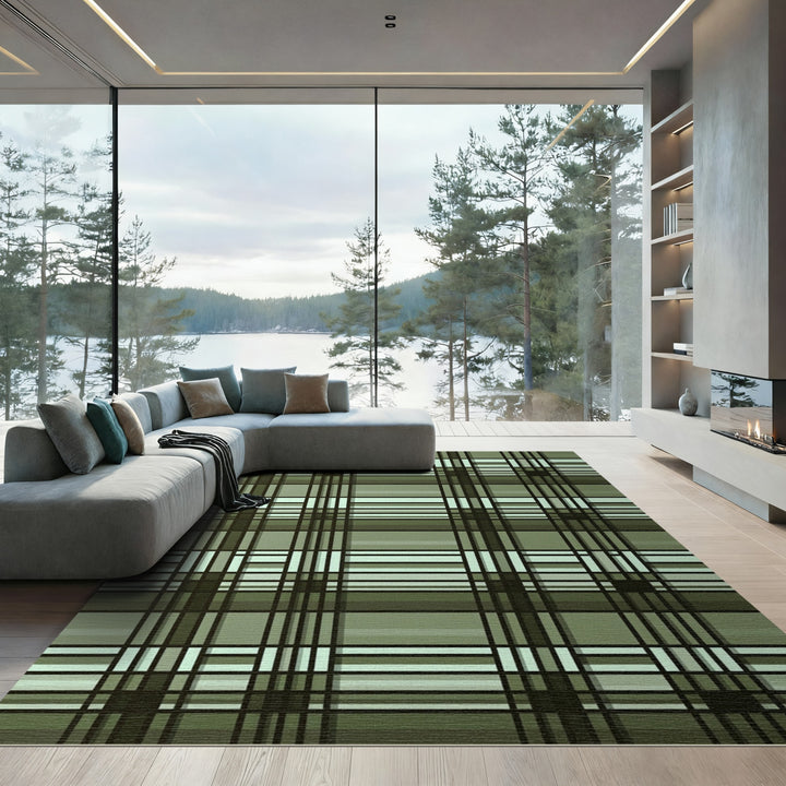Olive Green Plaid Geometric Grid Rug