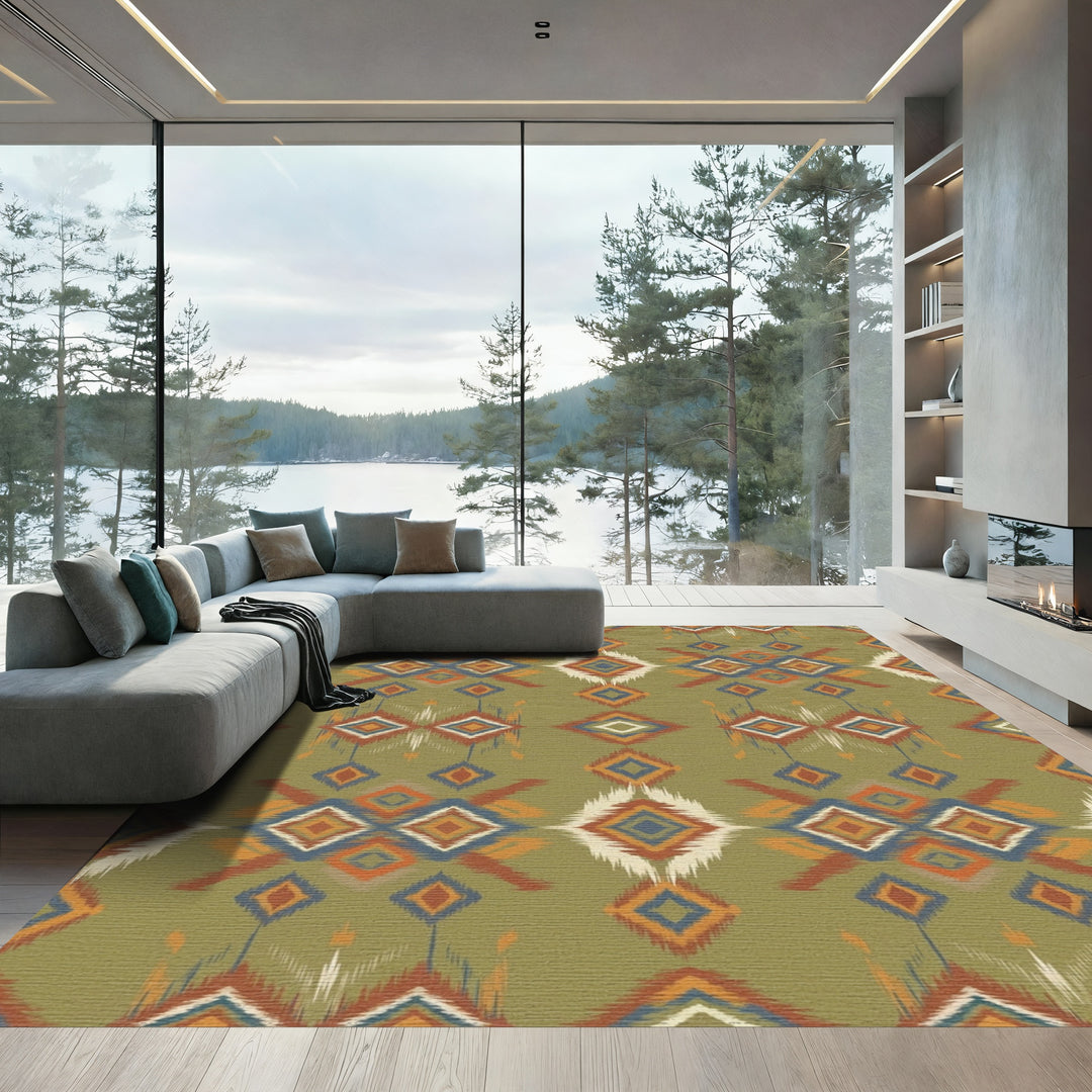 Olive Green Tribal Diamond Brocade Rug