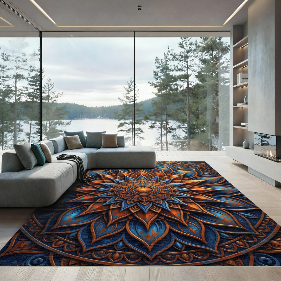 Blue Orange Floral Medallion Mandala Rug