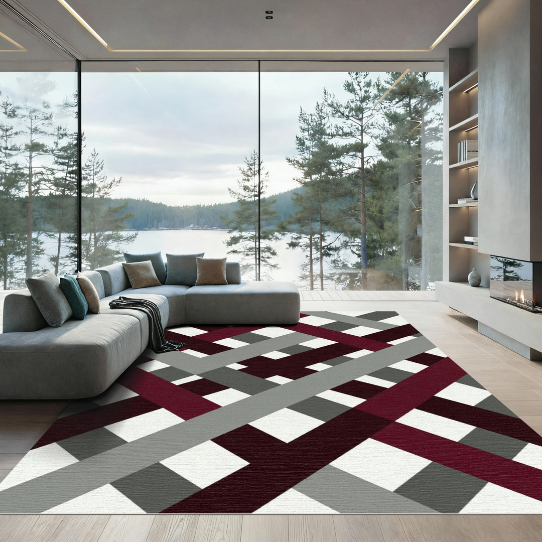 Maroon Gray Plaid Intersection Rug