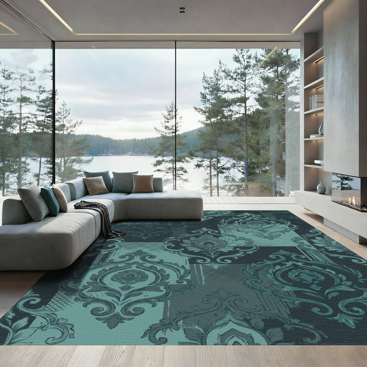 Deep Teal Damask Patchwork Rug