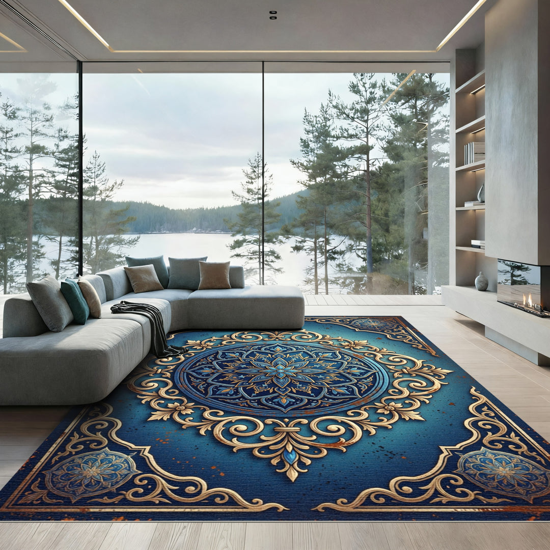 Elegant Blue Gold Mandala Rug