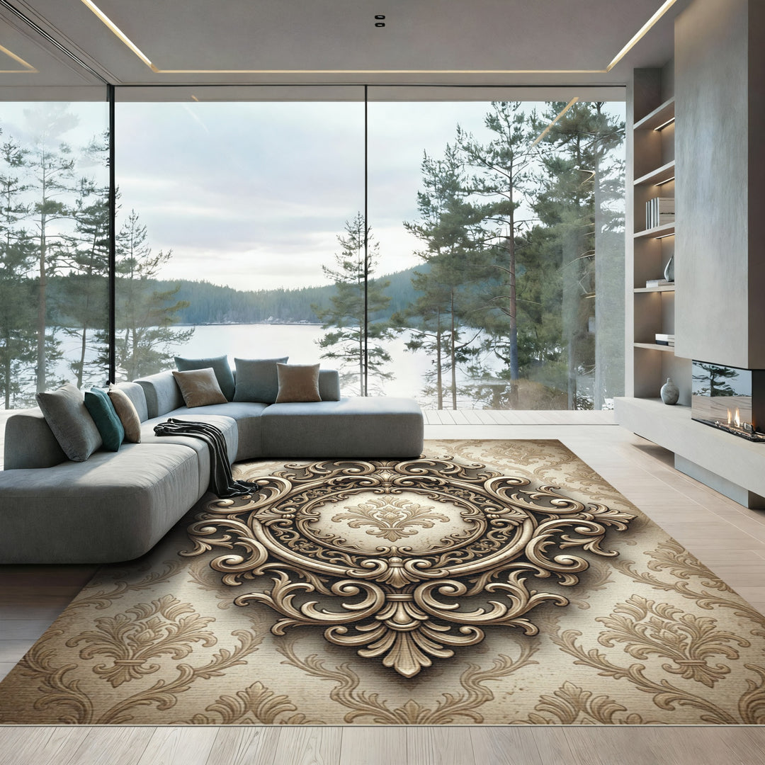 Ornate Damask Baroque Scrollwork Rug