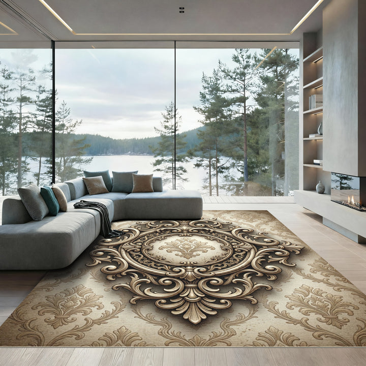 Ornate Damask Baroque Scrollwork Rug