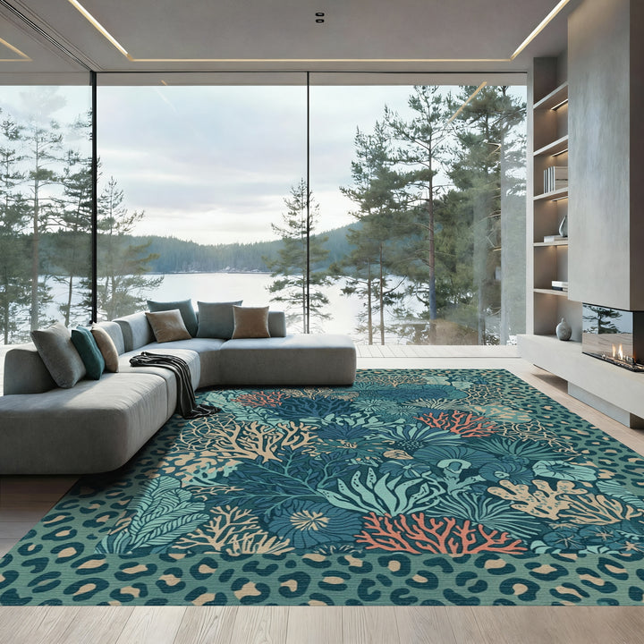 Teal Coral Garden Leopard Border Rug