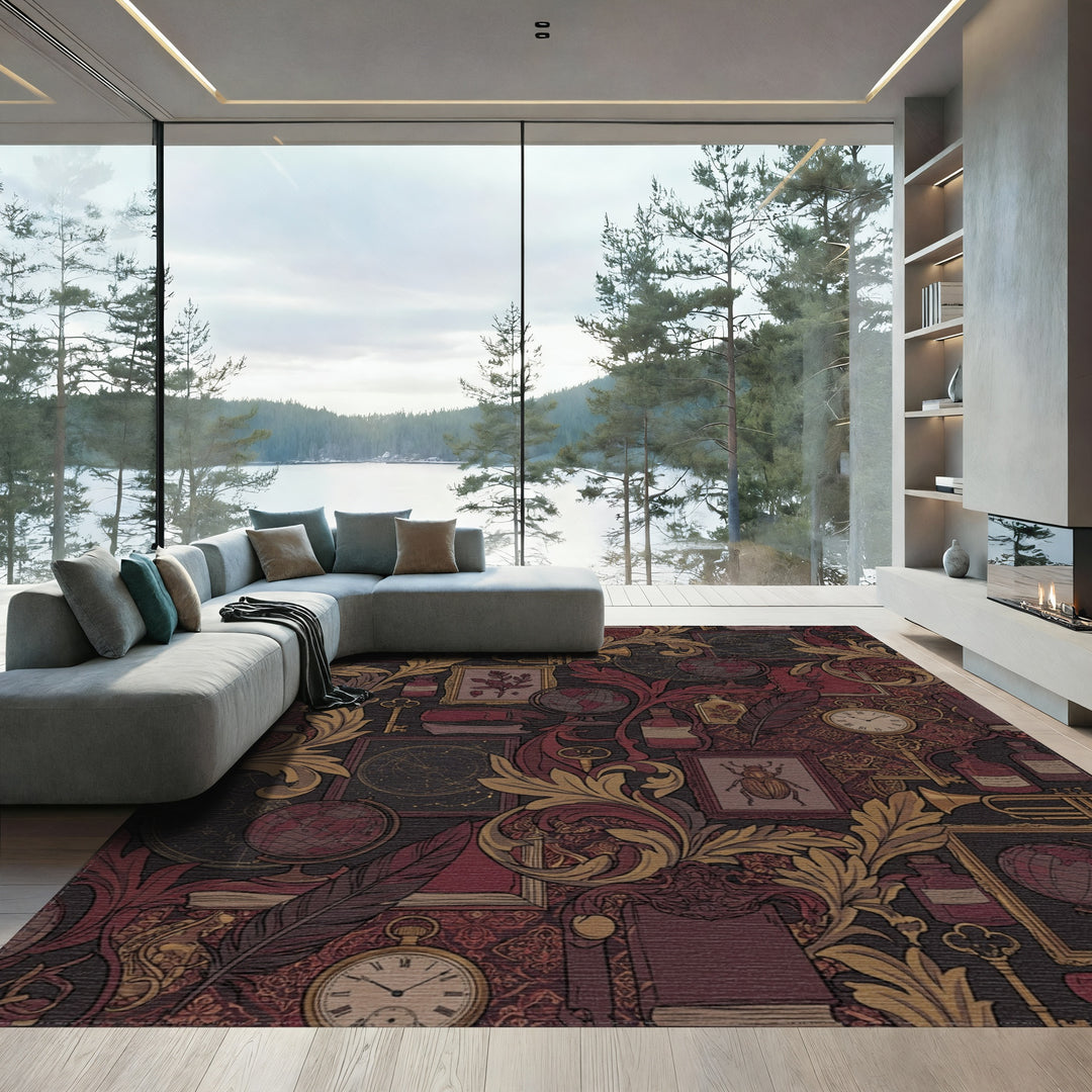 Antique Study Scarlet Gold Botanical Elements Rug