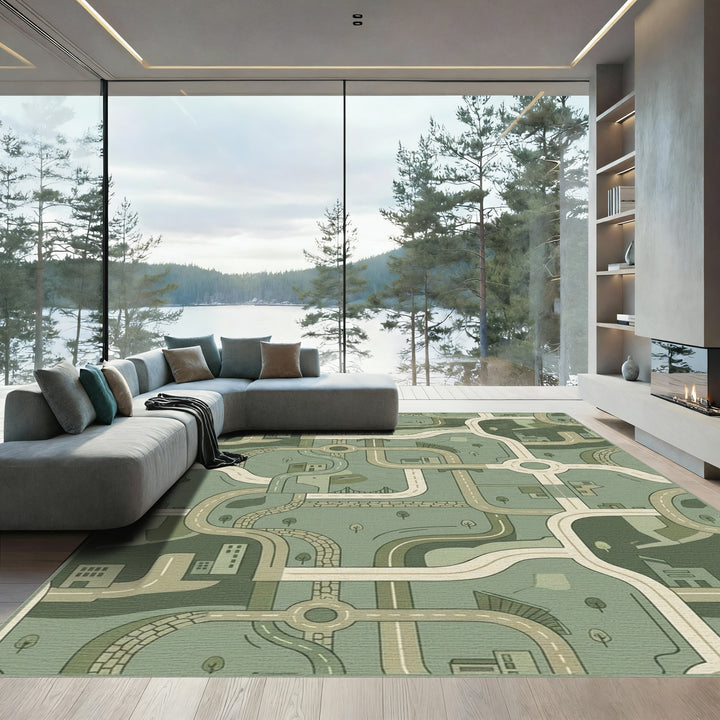 Urban Roadway Network in Sage Greens Rug