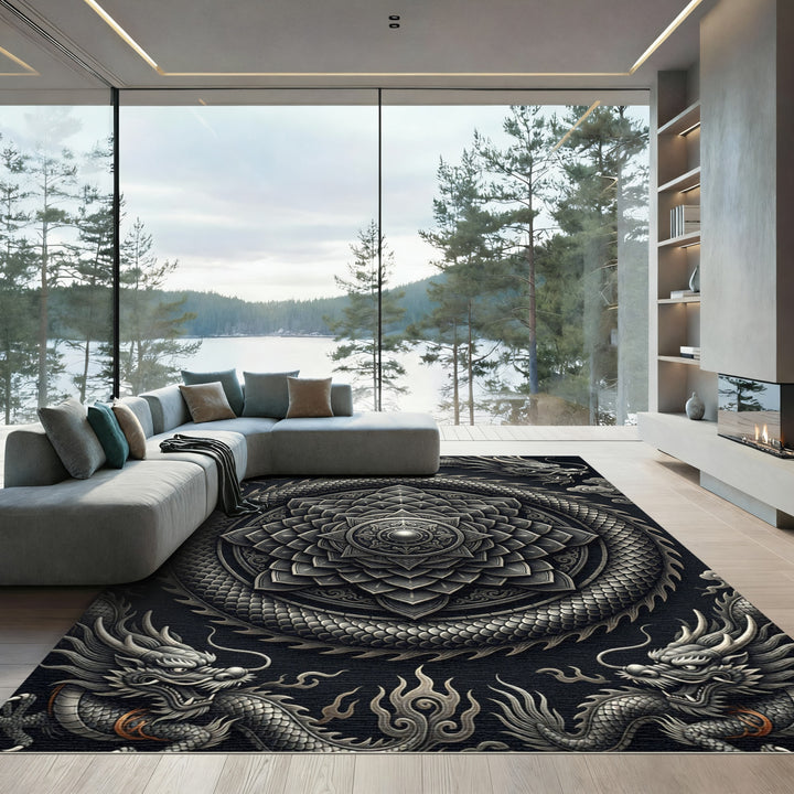 Intricate Dragon Mandala Dark Rug