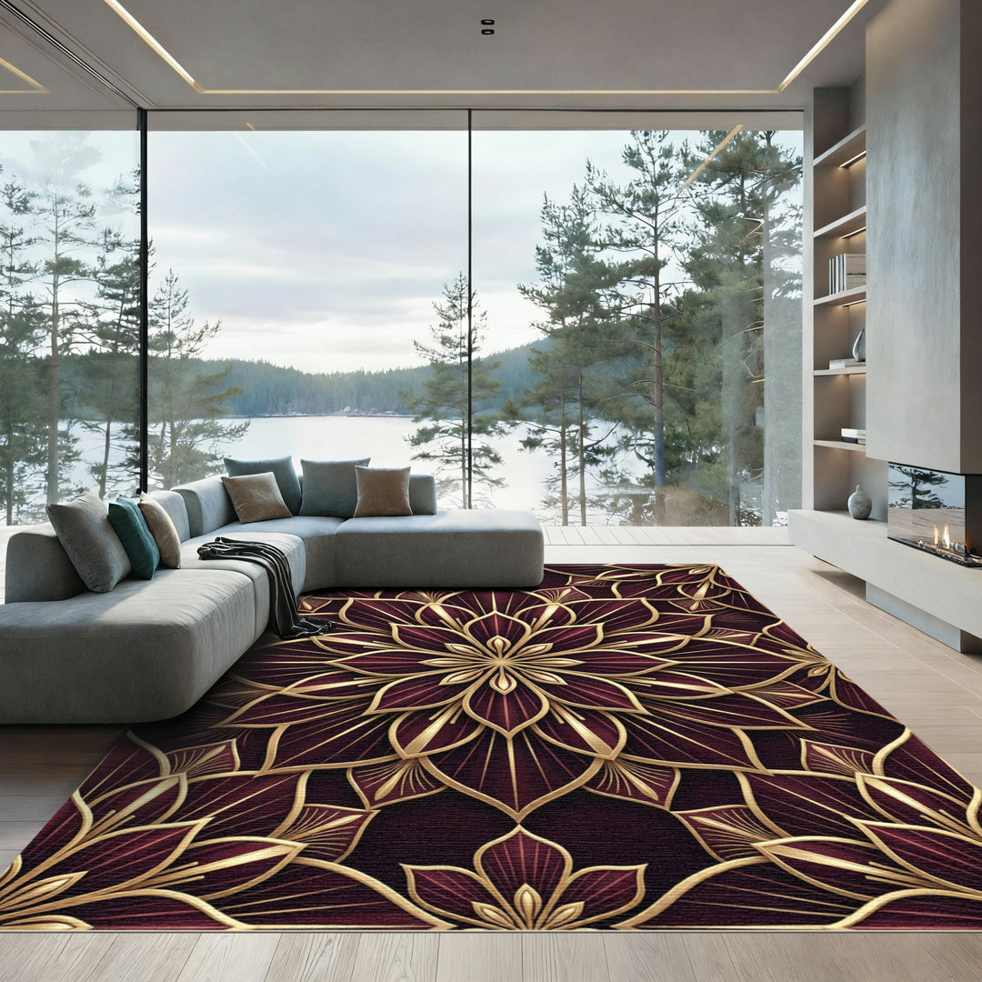 Rich Maroon Gold Art Deco Floral Rug