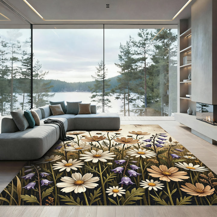 Vintage Tan and White Floral Meadow Rug