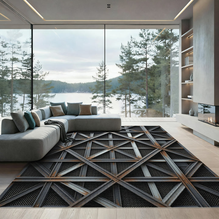 Industrial Geometric Metal Grid Rug