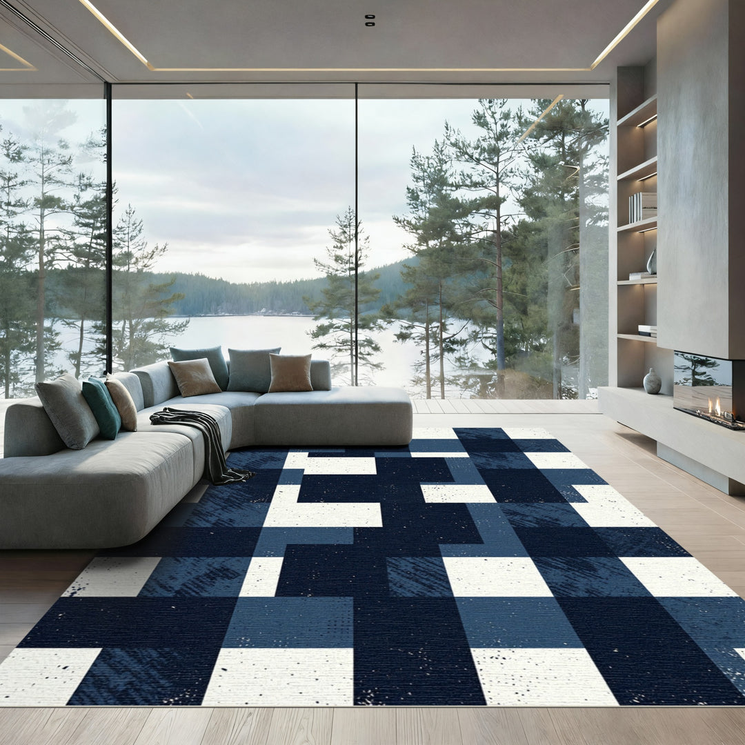 Deep Blue Distressed Geometric Blocks Rug