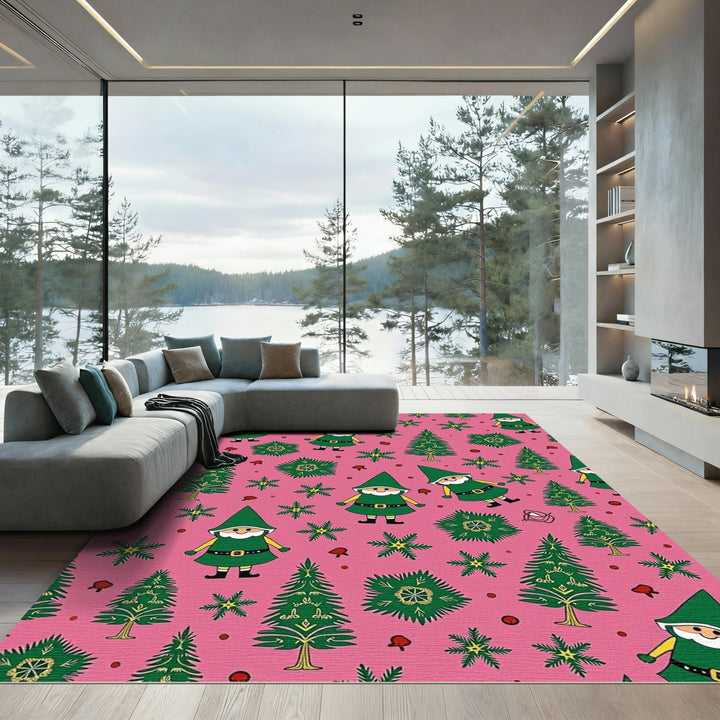 Pink Gnome and Evergreen Forest Pattern Rug