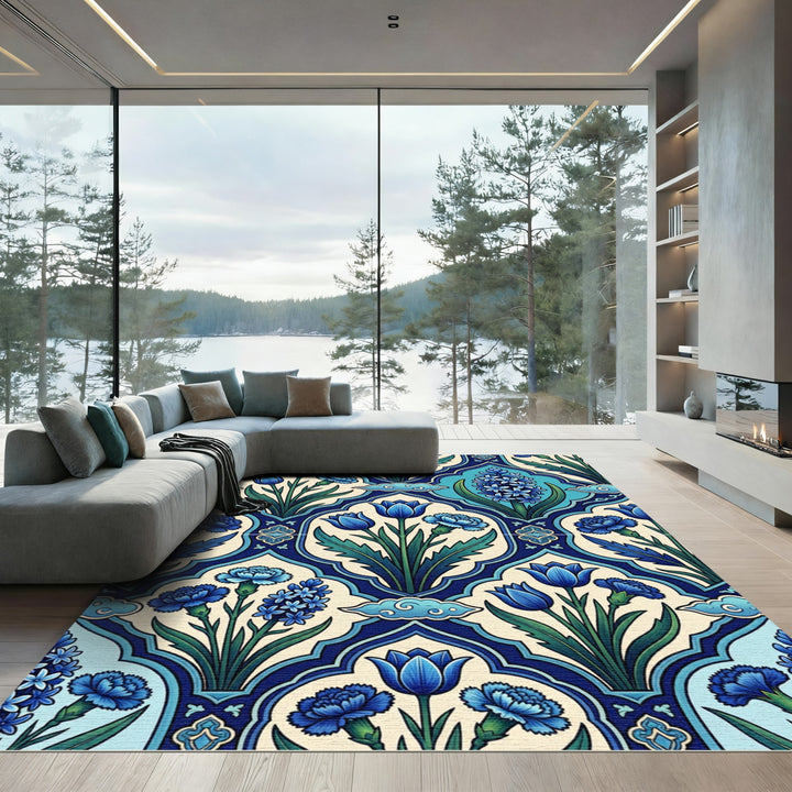 Deep Blue Floral Garden Medallion Rug
