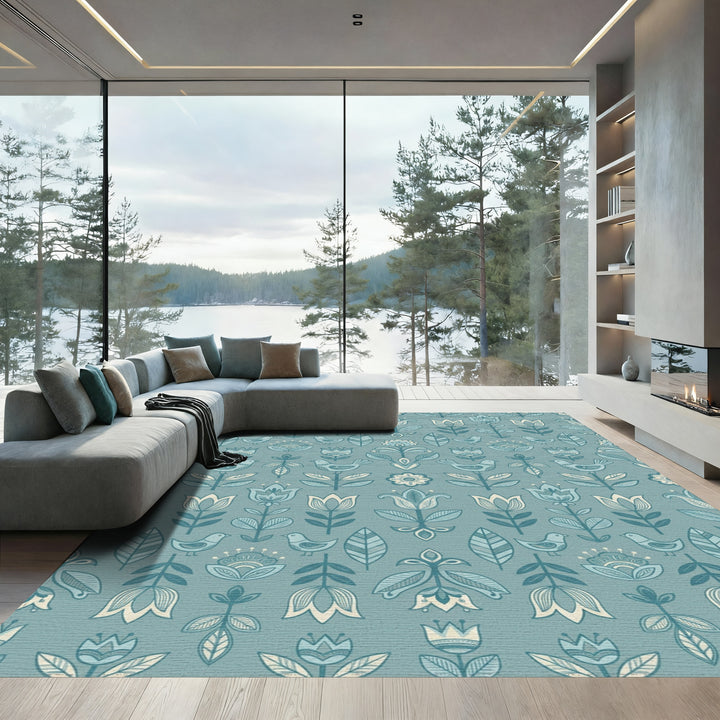 Serene Blue Folk Art Floral Bird Rug