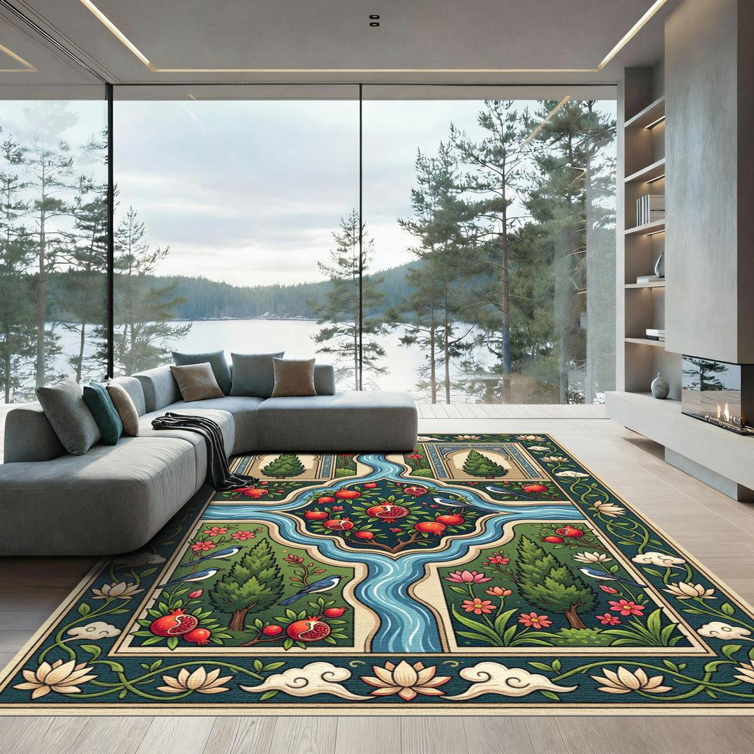 Emerald Garden Pomegranate Birds Rug