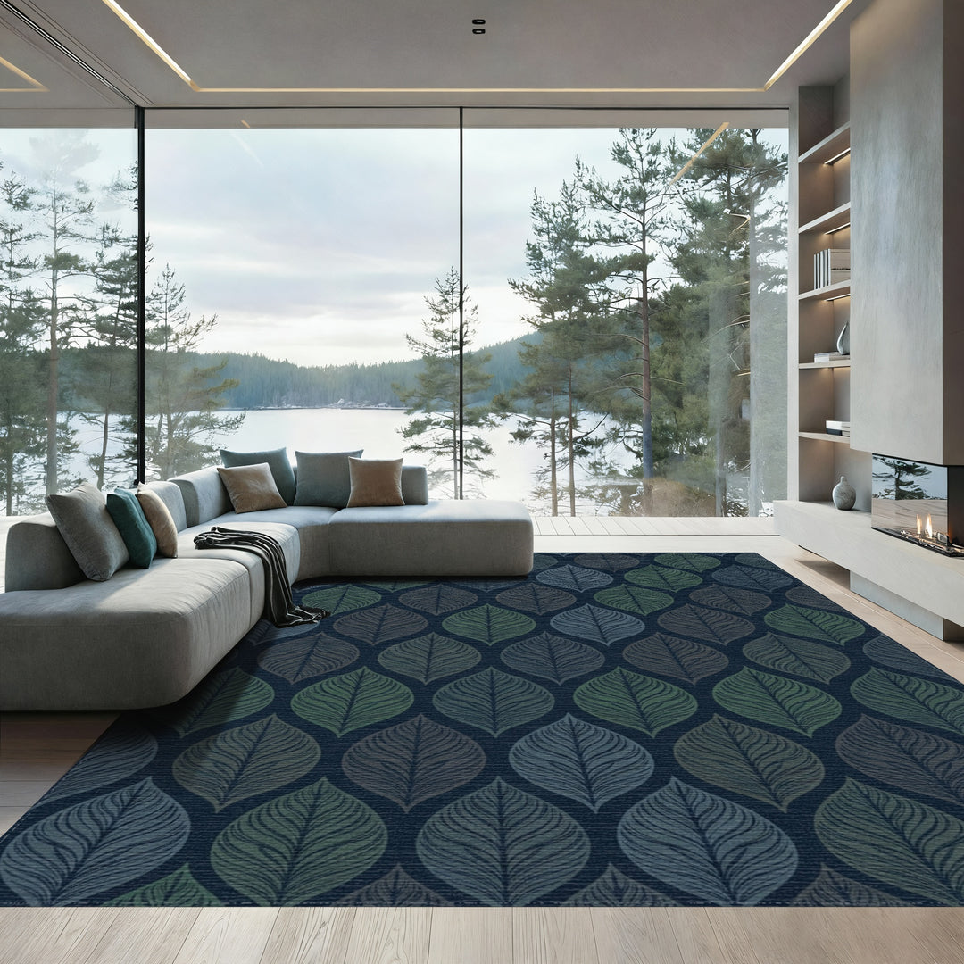 Deep Blue Green Leafy Repeats Rug