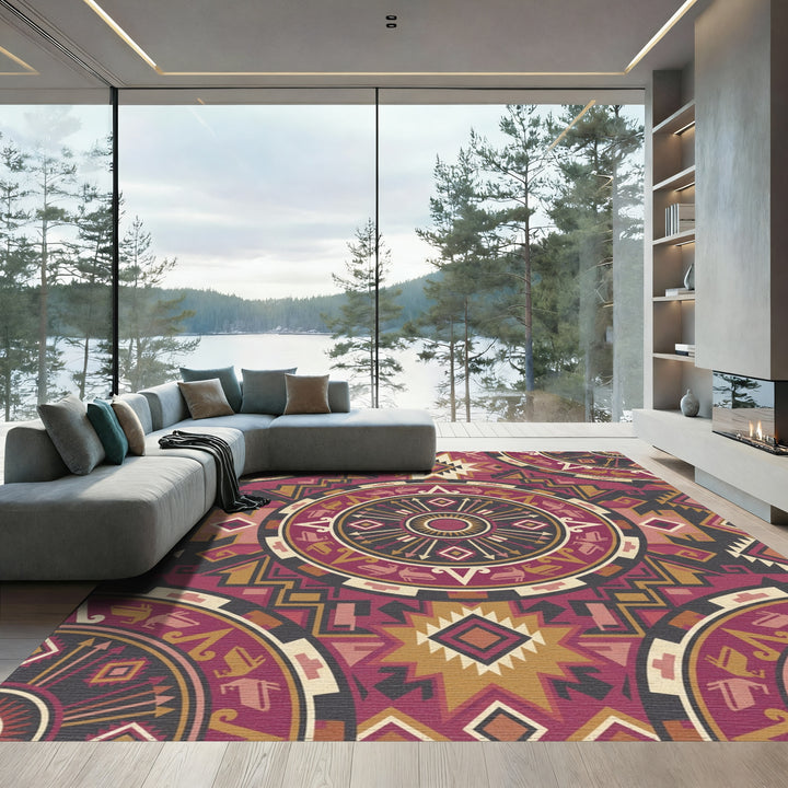 Rich Burgundy Geometric Sunburst Mandala Rug