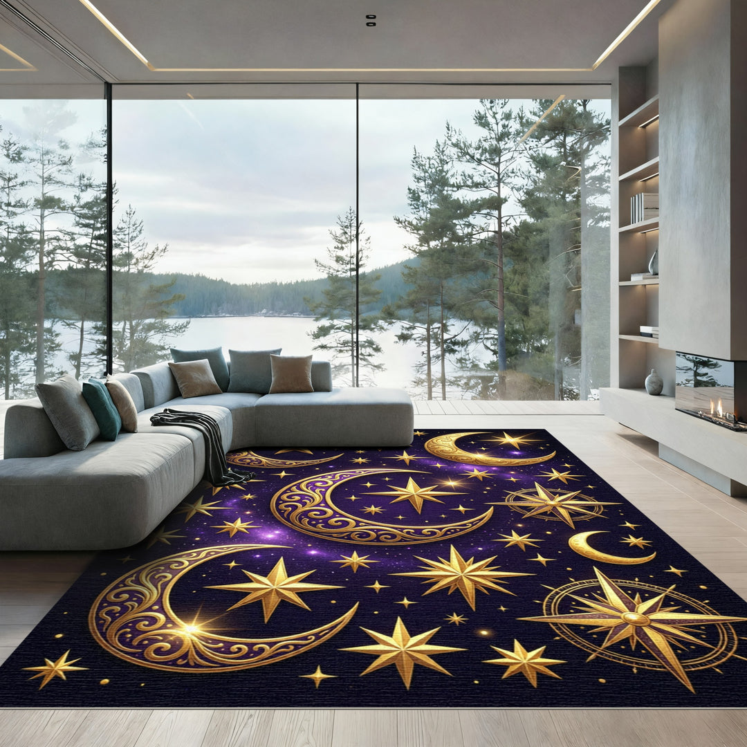 Golden Crescent Stars Cosmic Night Rug