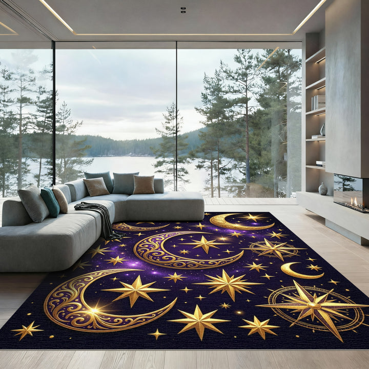 Golden Crescent Stars Cosmic Night Rug