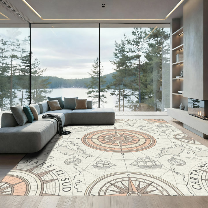 Vintage Nautical Compass Sailing Map Rug