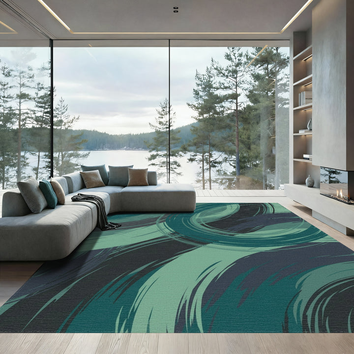 Deep Teal Swirl Abstract Brushstrokes Rug