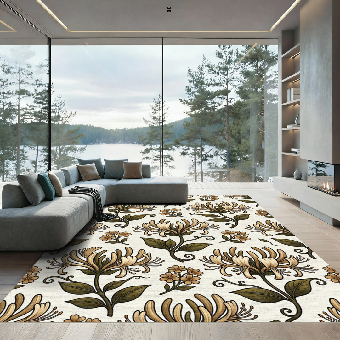 Cream and Gold Floral Vine Rug