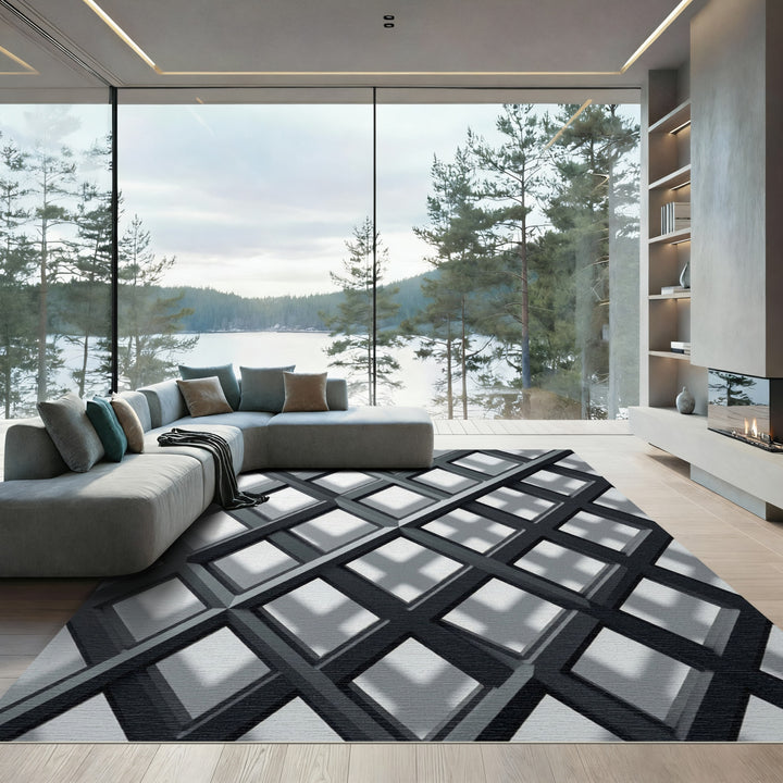 Dark Gray Intersecting Geometric Grid Rug