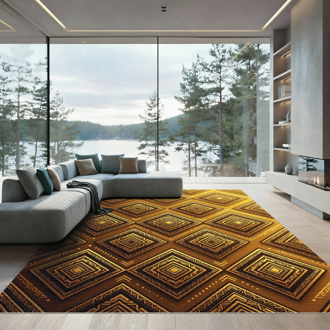 Golden Geometric Tribal Diamond Rug