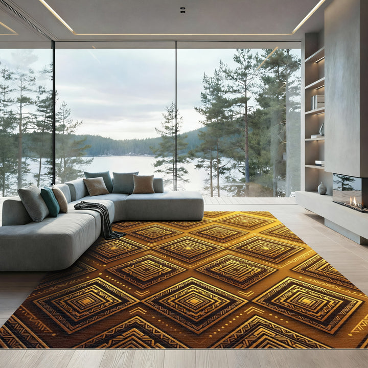 Golden Geometric Tribal Diamond Rug