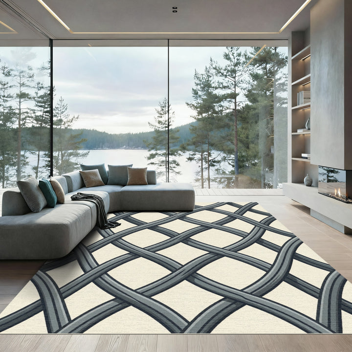 Interlaced Charcoal Lattice Contemporary Rug