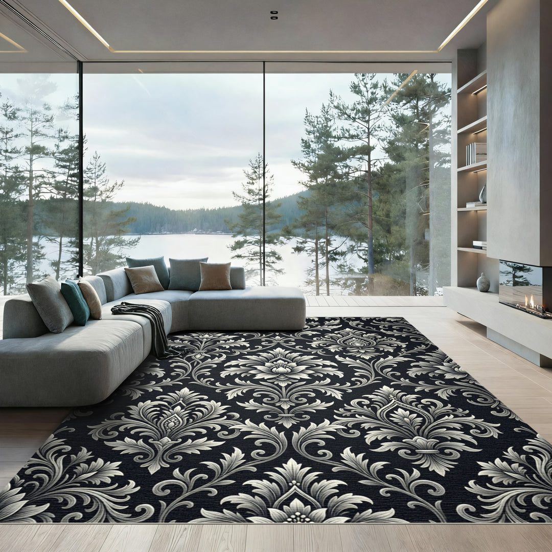 Elegant Black White Damask Scroll Rug