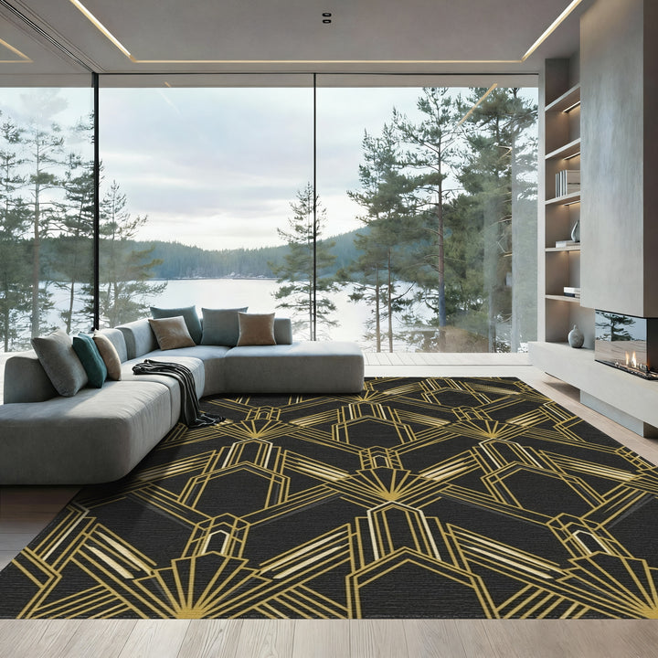 Art Deco Black Gold Geometric Fan Rug