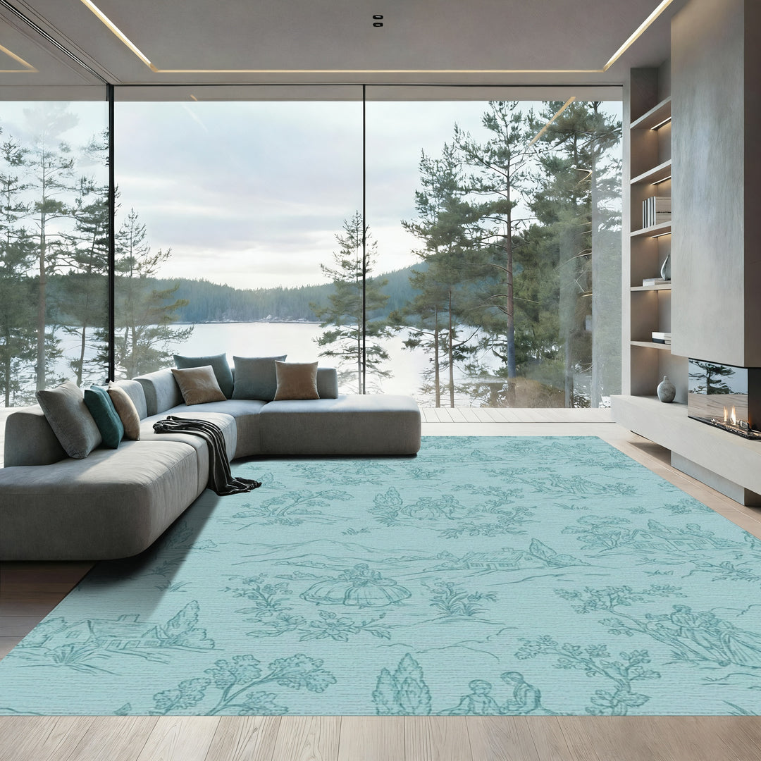 Aqua Rural Countryside Village Scenes Rug